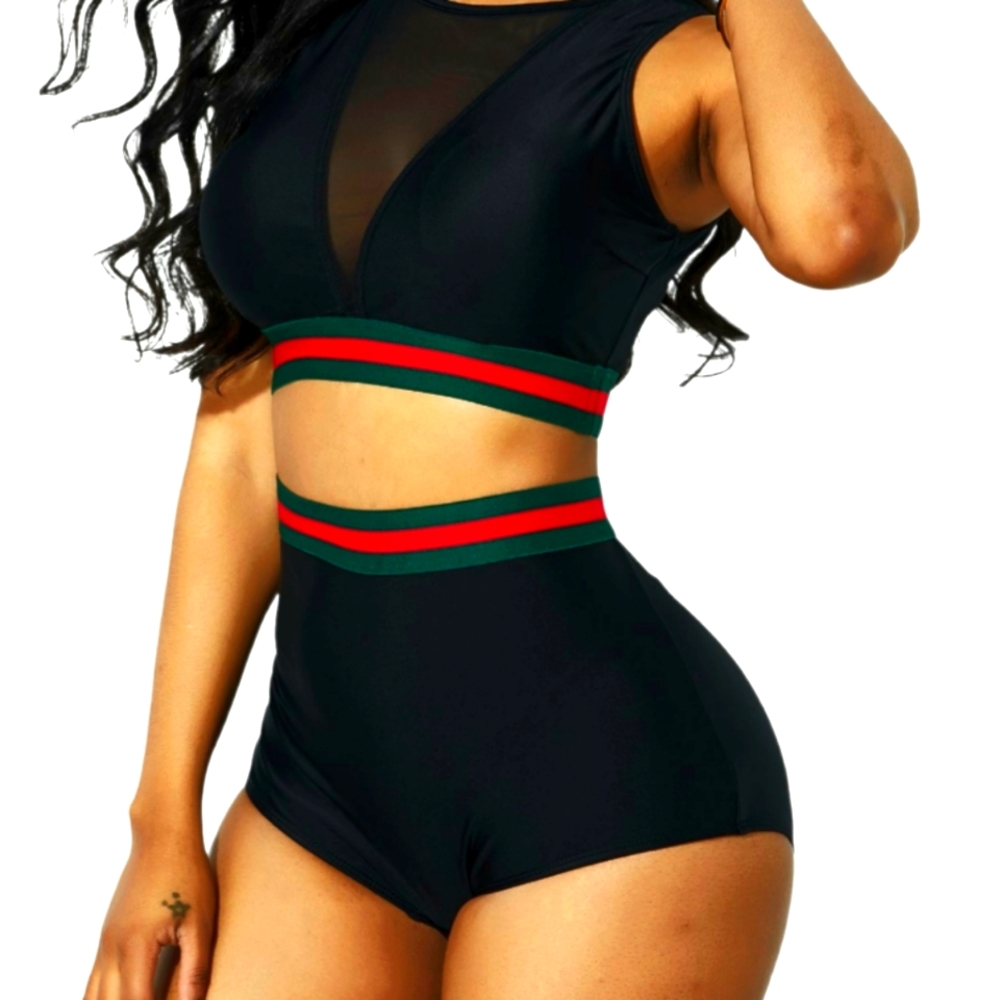Striped Mesh Panel High Wasit Bikini Set